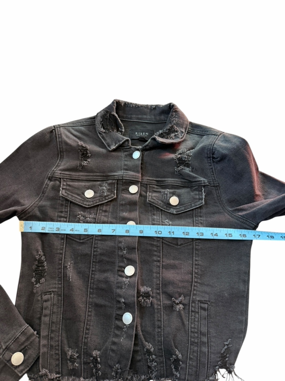 Risen Black Shirring Sleeve Crop Jacket Distressed Denim Women’s Sz Small - Picture 9 of 11